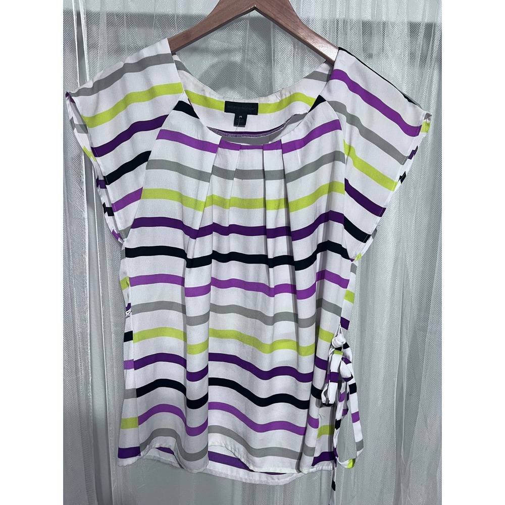 Worthington Womens Striped Pleated Neck Side Tie Blouse Purple Lime Green Medium